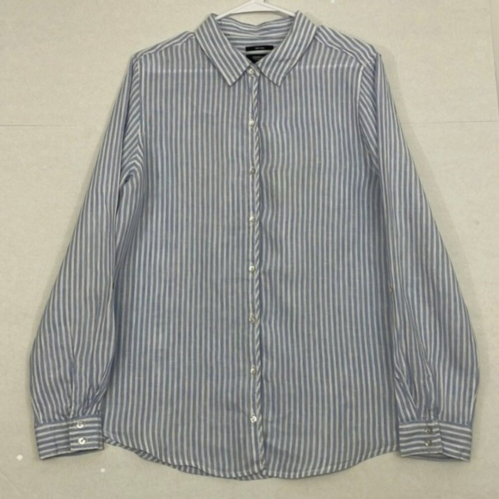 Jones New York Linen Top, Button Front, Blue and White Stripe, Large
